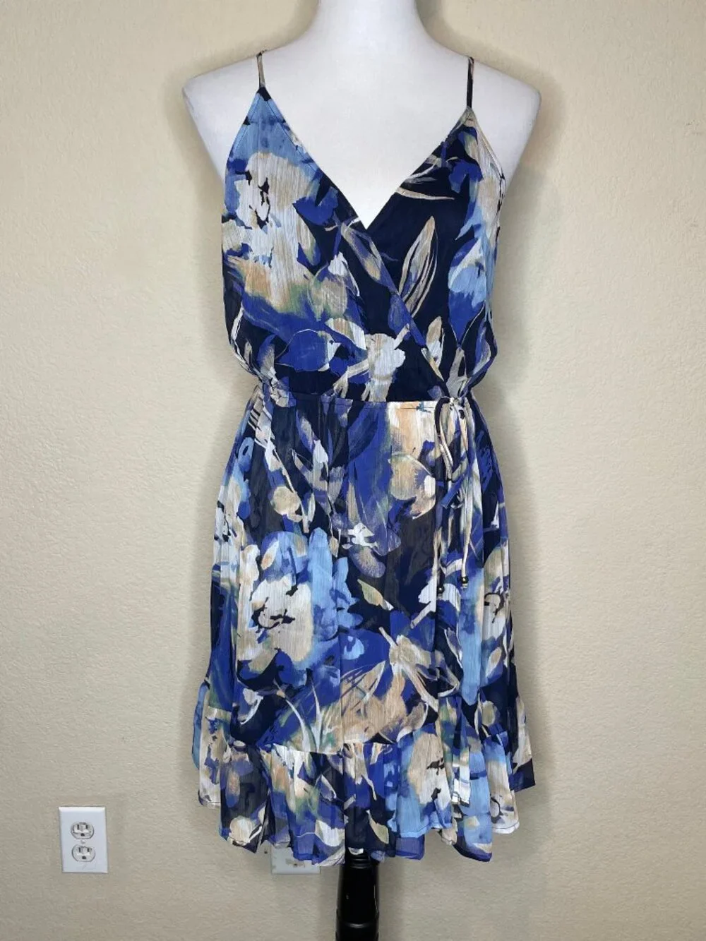 LOVESTITCH Boho Chiffon Halter Dress Blue Floral Surplice Wrap Flounce Trim L - Picture 2 of 15